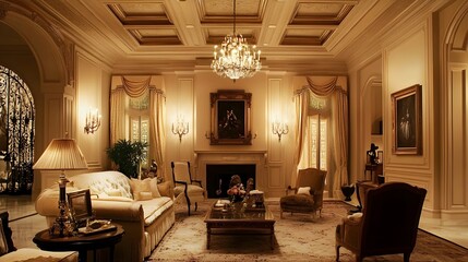 Exquisite classic living room featuring a detailed coffered ceiling ornate wall sconces and traditional artwork creating a sophisticated and inviting ambiance