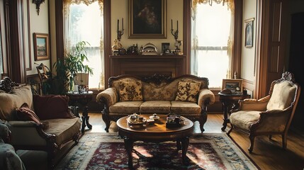 Fototapeta premium A cozy and luxurious classic living room featuring elegant upholstery intricate woodwork and refined vintage accessories that create a warm and sophisticated atmosphere