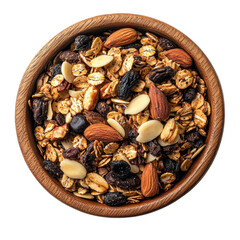 A vibrant bowl of mixed granola with nuts and dried fruits, perfect for a healthy breakfast or...