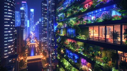 Futuristic alien metropolis harmonizing advanced technology with nature and open copy space