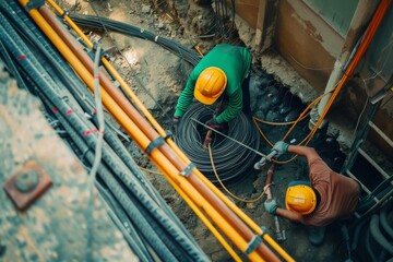 Workers coil heavy duty cables in an underground setting, showcasing the intricacies and technical prowess required for urban utility management.