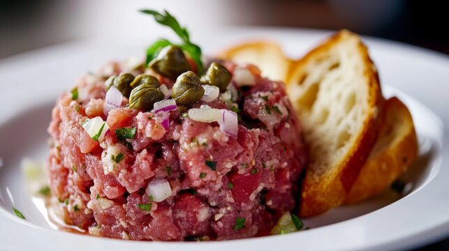 A close-up of a gourmet steak tartare served with toasted bread and garnished with capers and onions, beautifully plated on a white surface to emphasize the dish's sophisticated appeal.