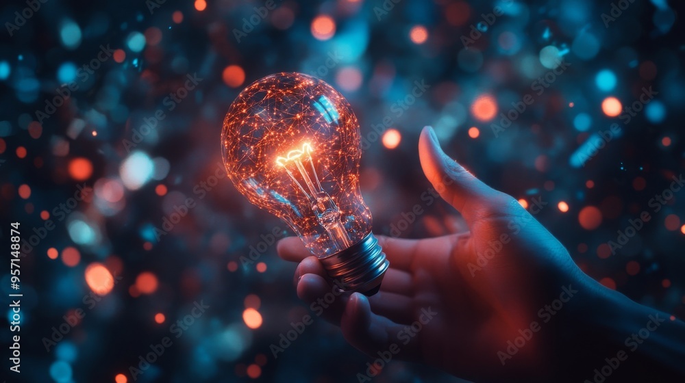 Poster a close-up of a hand holding a glowing lightbulb, with abstract, futuristic digital patterns in the 