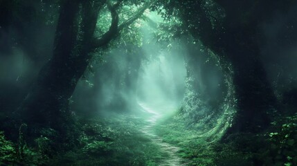 Enchanted Forest Path with Lush Greenery and Mysterious Light, Magical Nature Scene with a Mystical Atmosphere, Ideal for Fantasy and Adventure Themes