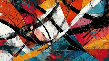 Fototapeta premium A dynamic abstract pattern of intersecting lines and shapes, in bold colors, creating a sense of energy and movement