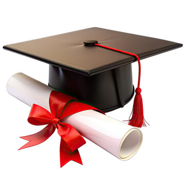 A black graduation cap with a red tassel sits atop a rolled diploma tied with a red ribbon
