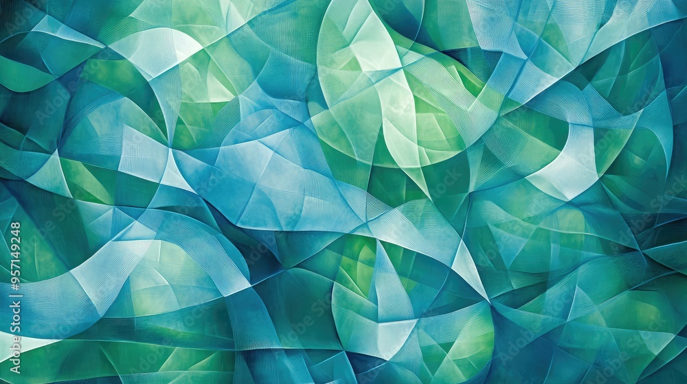 Poster a dynamic abstract pattern of intersecting lines and shapes, in shades of blue and green, creating a