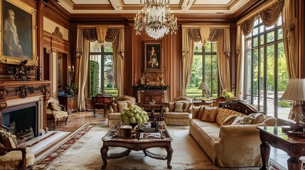 Fototapeta premium Opulent Classic Living Room with Grandiose Mantel and Ornate Chandeliers