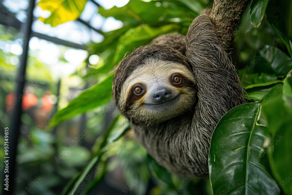 Poster close-up portrait of a smiling sloth hanging from a tree branch in lush green foliage