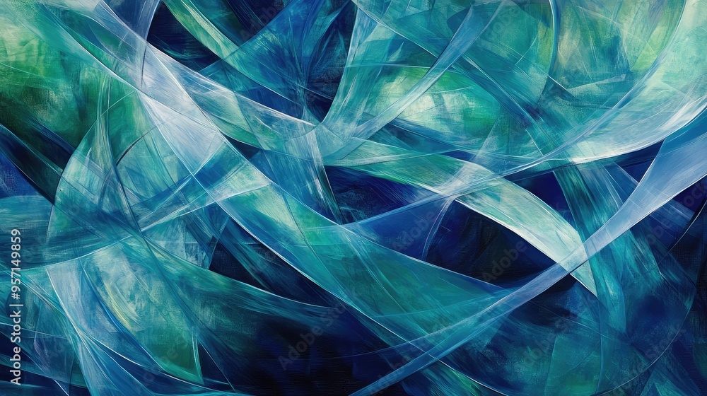 Poster a dynamic abstract pattern of intersecting lines and shapes, in shades of blue and green, creating a