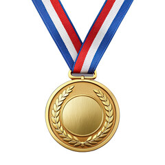 A gold medal with a red, white, and blue ribbon hangs against a white background