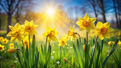 Fototapeta premium Vibrant yellow daffodils sway gently in a sun-drenched meadow, surrounded by lush green grass and delicate petals, evoking a sense of serenity and new beginnings.