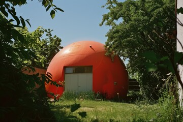 A unique red dome-shaped building nestled among lush greenery, standing out against a clear blue sky and evoking a sense of modern architectural whimsy.