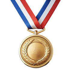 A gold medal with a laurel wreath design hangs from a red, white, and blue ribbon. The medal is isolated against a white background