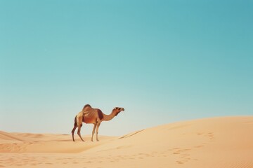 A solitary camel roams the golden expanse of the desert under a bright, clear sky, illustrating the beauty and vastness of the natural world.