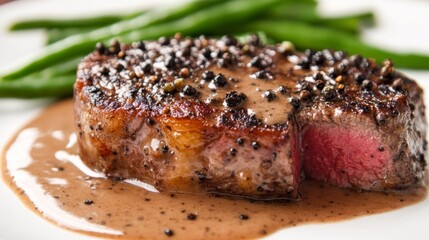 A close-up of a juicy steak au poivre with a rich, creamy peppercorn sauce and a side of green beans, elegantly plated on a white surface to showcase its gourmet presentation.