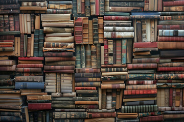 Collection of Stacked Books in Various Sizes and Colors, Showcasing Textures and Details