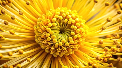 Vibrant yellow pollen grains burst forth from delicate anther tips of a blooming flower, showcasing intricate textures and microscopic details in astonishing close-up clarity.