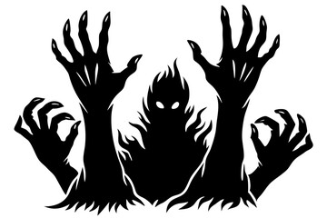 Obraz premium Zombie hands silhouette. Creepy zombie crooked lambs stick out of graveyard ground vector illustration set. Halloween zombie hands. Halloween and nightmare, creepy and evil zombie