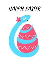 A snake wraps around an Easter egg. Happy Easter. Vector cartoon illustration for print.