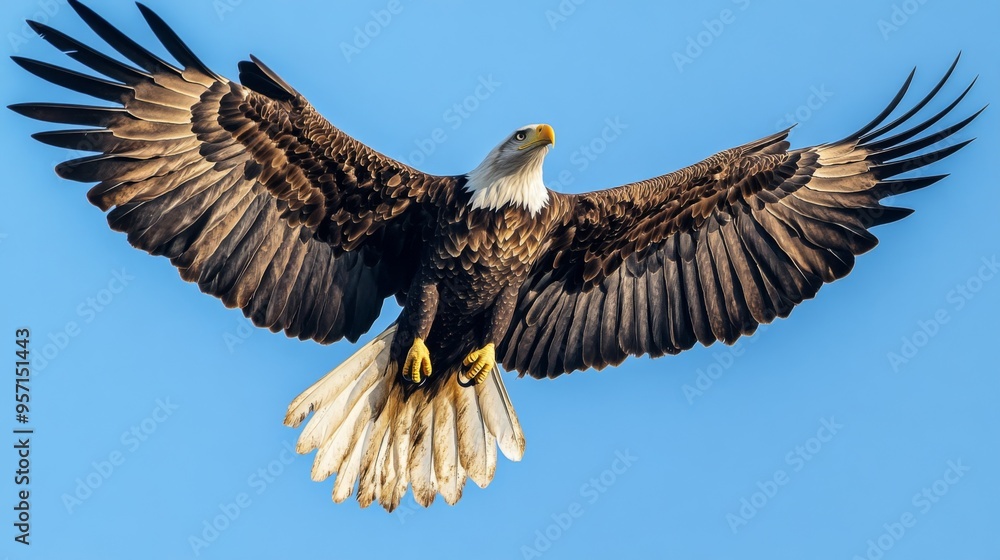 Poster a close-up of a majestic eagle soaring through the sky with its wings fully extended, capturing the 