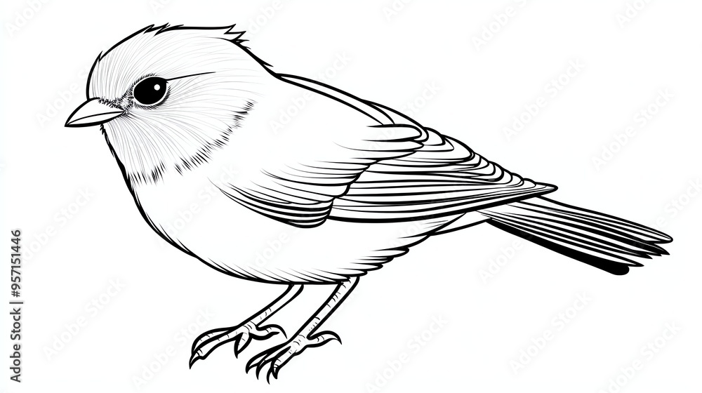 Poster a simple line drawing of a cute little bird with a big eye. the bird is perched on a branch and is l