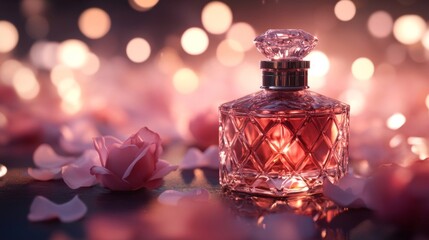 A close-up of a luxurious perfume bottle with an ornate design, surrounded by delicate rose petals and soft lighting, highlighting its elegance and sophistication.