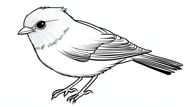 recommend clip art: A simple line drawing of a cute little bird with a big eye. The bird is perched on a branch and is looking to the side.