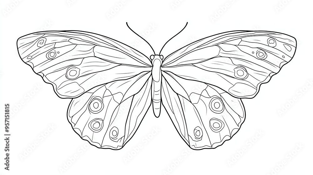 Poster a simple line drawing of a butterfly with intricate wing patterns. the butterfly is in flight, with 