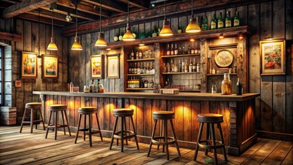 Obraz premium Vintage-style wooden bar with distressed finish, adorned with old beer advertisements and neon signs, nostalgia-filled atmosphere evoking classic pub experiences of the past.