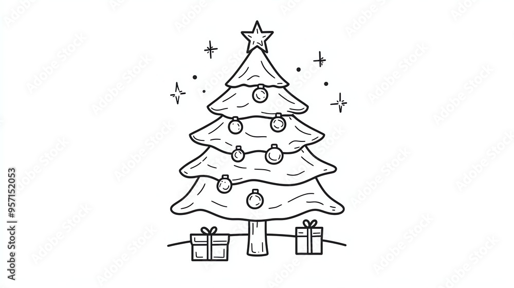 Poster a simple line drawing of a christmas tree with ornaments and a star on top. there are two presents u