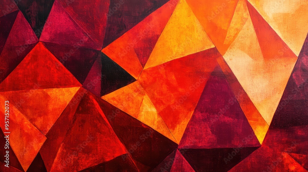 Aufkleber a geometric abstract design with interlocking triangles in shades of red and orange, creating a bold