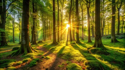 Fototapeta premium Warm golden sunlight filters through lush green forest foliage, casting dappled shadows on the rustic forest floor, evoking a sense of serenity and tranquility.