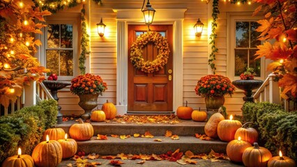 Obraz premium warm lighting illuminates a beautifully decorated porch with pumpkins, garlands, and fall leaves surrounding a traditional entryway on a crisp Thanksgiving morning.