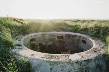 Fototapeta premium A round concrete structure overgrown with grass sits in a lush field, bathed in soft light, suggesting a forgotten relic of the past.