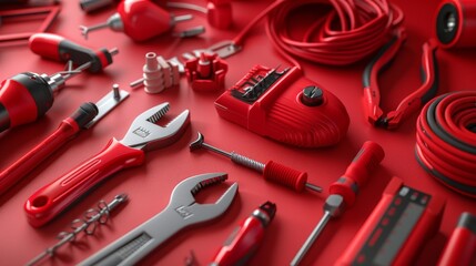 Contemporary electrical tool set 3d render featuring wire strippers, voltage testers, and pliers