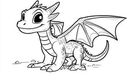 A cute cartoon dragon with big eyes and a friendly smile. The dragon is standing on all fours with its wings spread out.