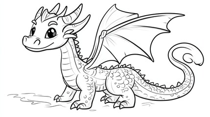 A cute cartoon dragon with big eyes and a friendly smile. The dragon is standing on its hind legs,...