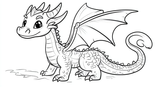 A cute cartoon dragon with big eyes and a friendly smile. The dragon is standing on its hind legs, with its wings spread out.