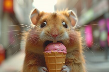 A close-up shot of a hamster, its small paws grasping a miniature ice cream cone, taking a bite of the pink, sprinkle-covered ice cream