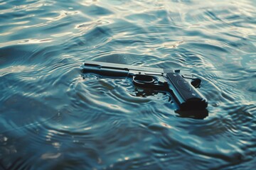 A black handgun partially submerged in rippling water, evoking a sense of danger and foreboding.