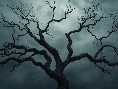 A tree with withered branches surrounded by dark, creeping vines, symbolizing the stifling impact of toxic relationships on personal growth