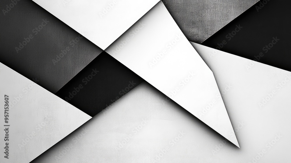 Poster a minimalist abstract design with overlapping triangles in shades of black and white, creating a sub