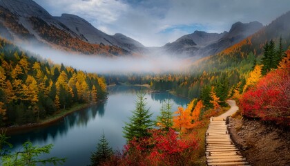 Fototapeta premium Sendero rústico junto al lago, en medio de un bosque profundo tenebre de otoño