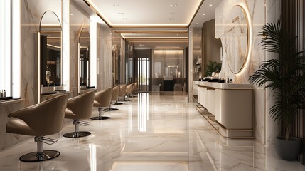 A modern and luxurious beauty salon interior with elegant white and gold decor.