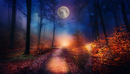 Fototapeta premium Sendero rústico en medio de un bosque profundo tenebre de otoño