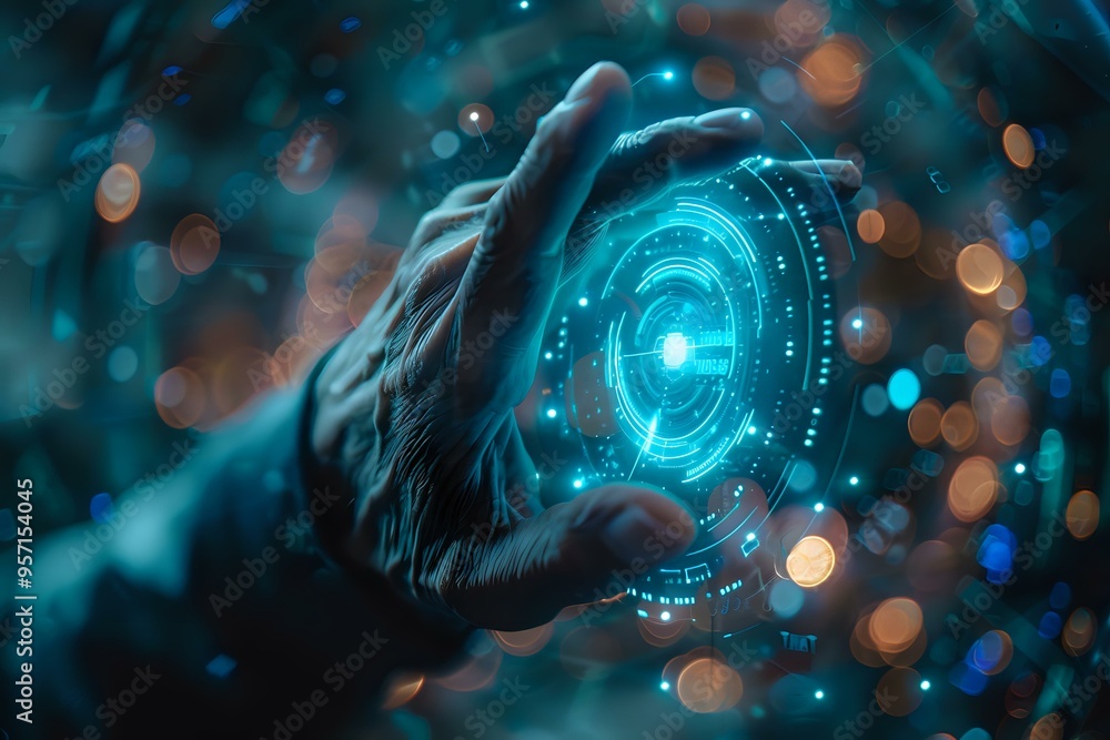 Poster hand reaching out to interact with a glowing, holographic interface surrounded by digital elements. 