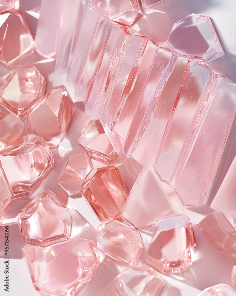 Aufkleber Aerial View of Symmetrical Pink Perfume Bottles in Soft Diffused Lighting Creating a Geometric and Textured Pattern