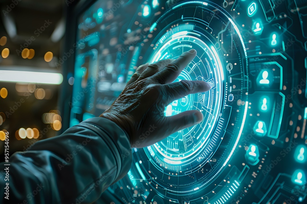 Poster hand interacting with a futuristic, holographic control panel displaying digital data and interfaces