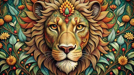 Whimsical hand-drawn illustration of a lion's face with intricate geometric patterns, leaves, and flowers blending seamlessly into the majestic animal's features and mane.